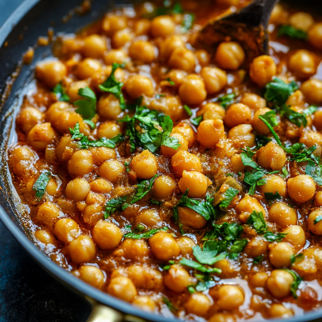 A bowl of chickpeas with green herbs.
