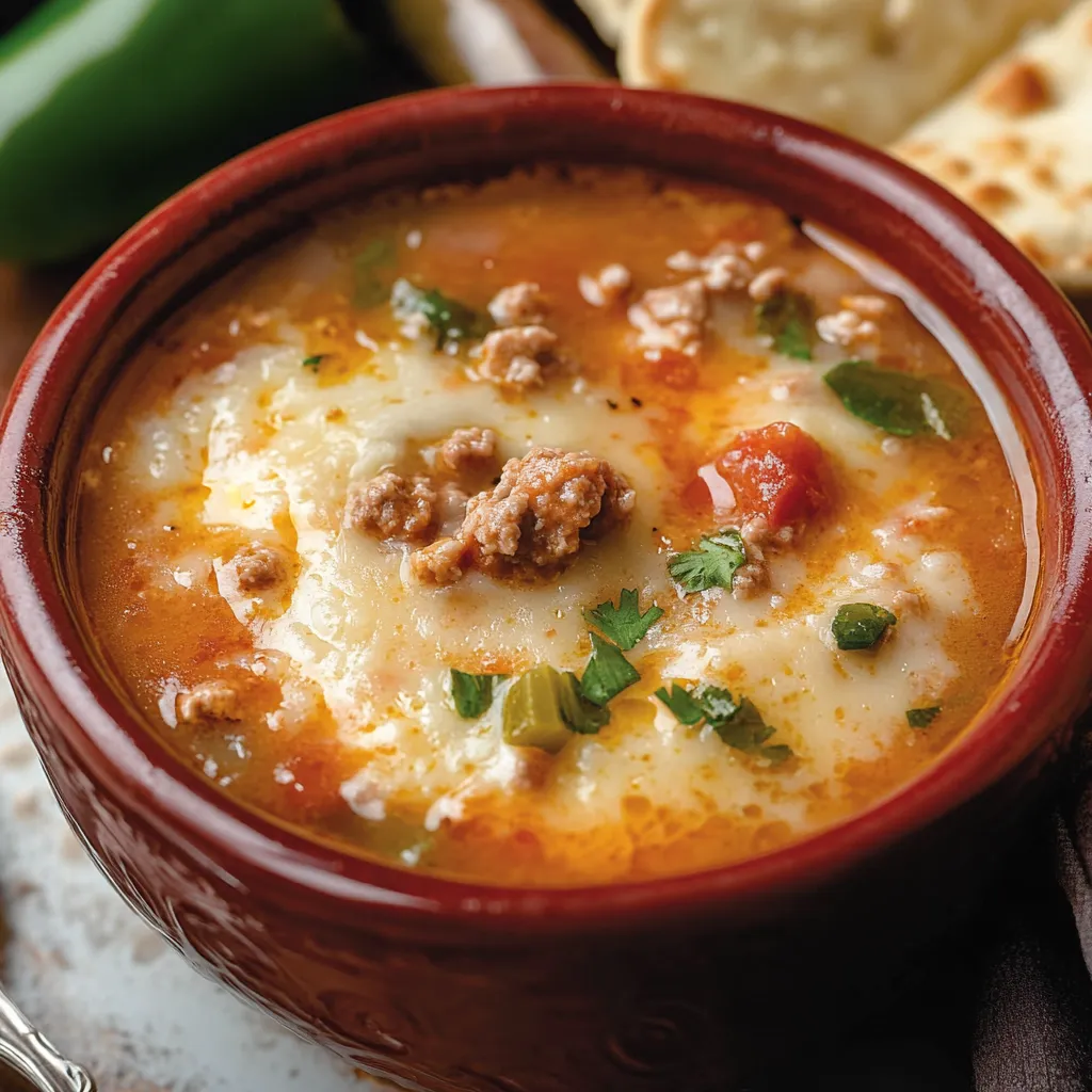 A bowl of soup with meat and vegetables.