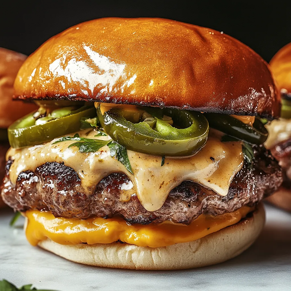 A close up of a burger with jalapenos and cheese.