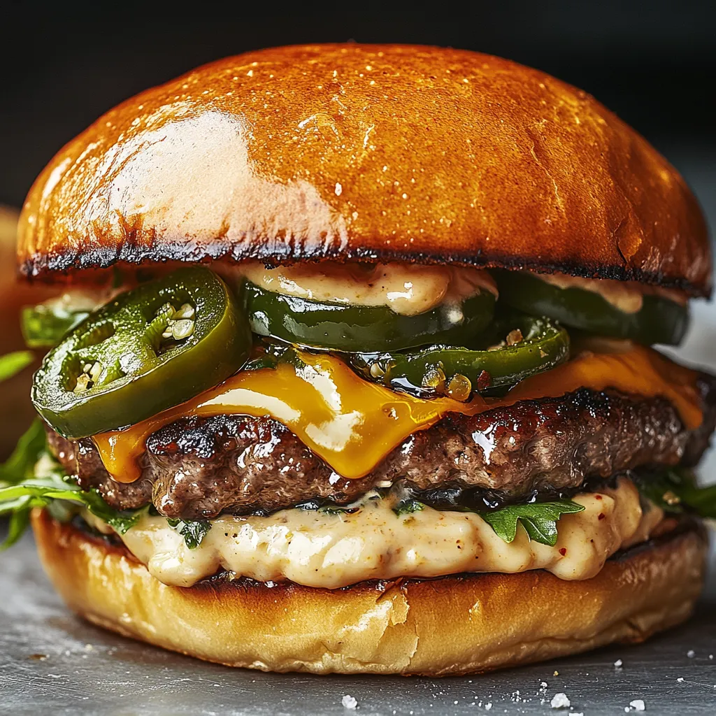 A burger with jalapenos and cheese.