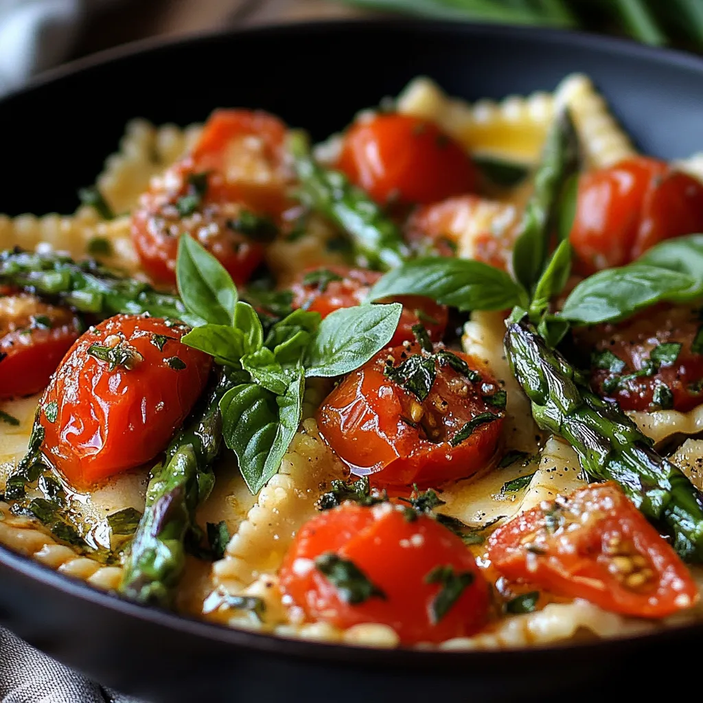 A bowl of pasta with tomatoes and asparagus.