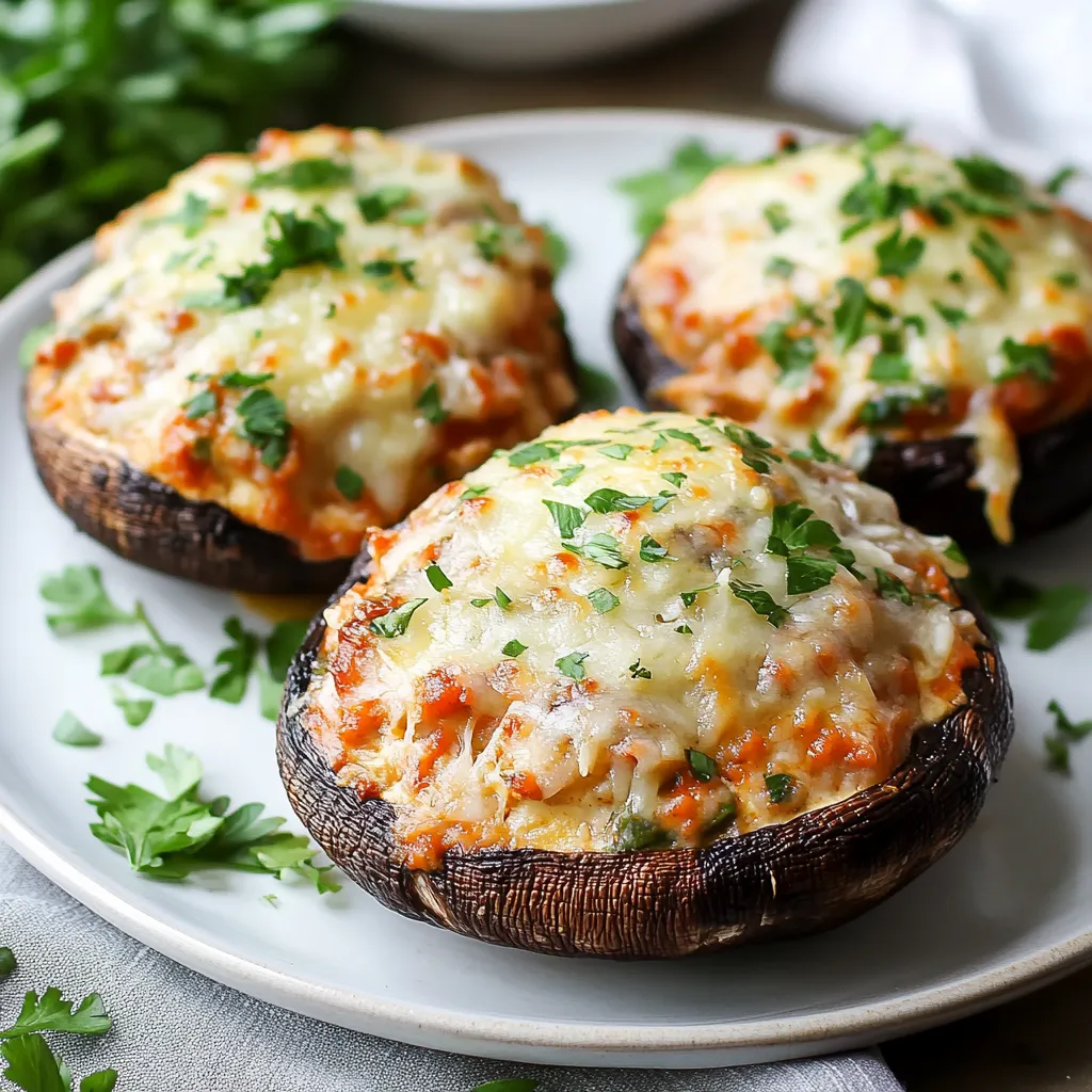 Two mushrooms with cheese on a plate.