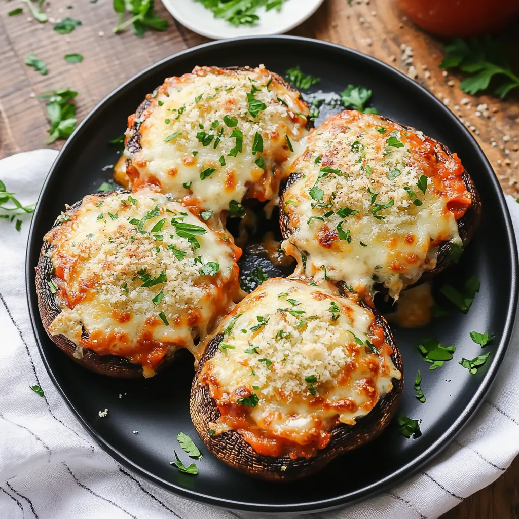 A plate of mushrooms with cheese on top.