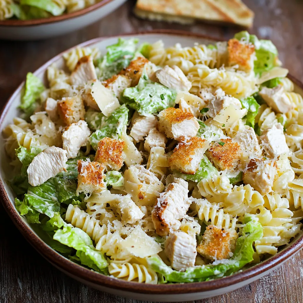 A bowl of pasta salad with chicken and lettuce.