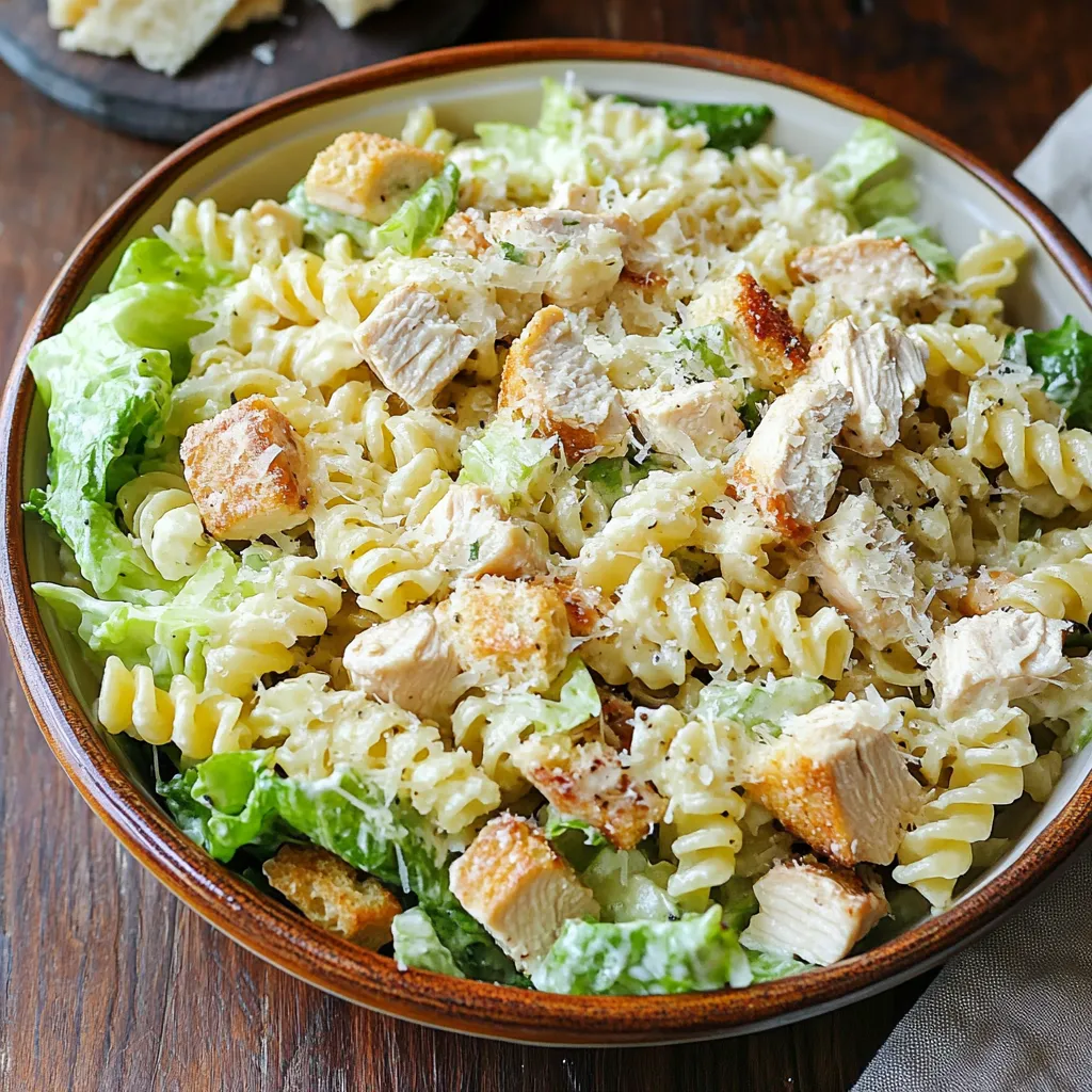 A bowl of pasta salad with chicken and vegetables.