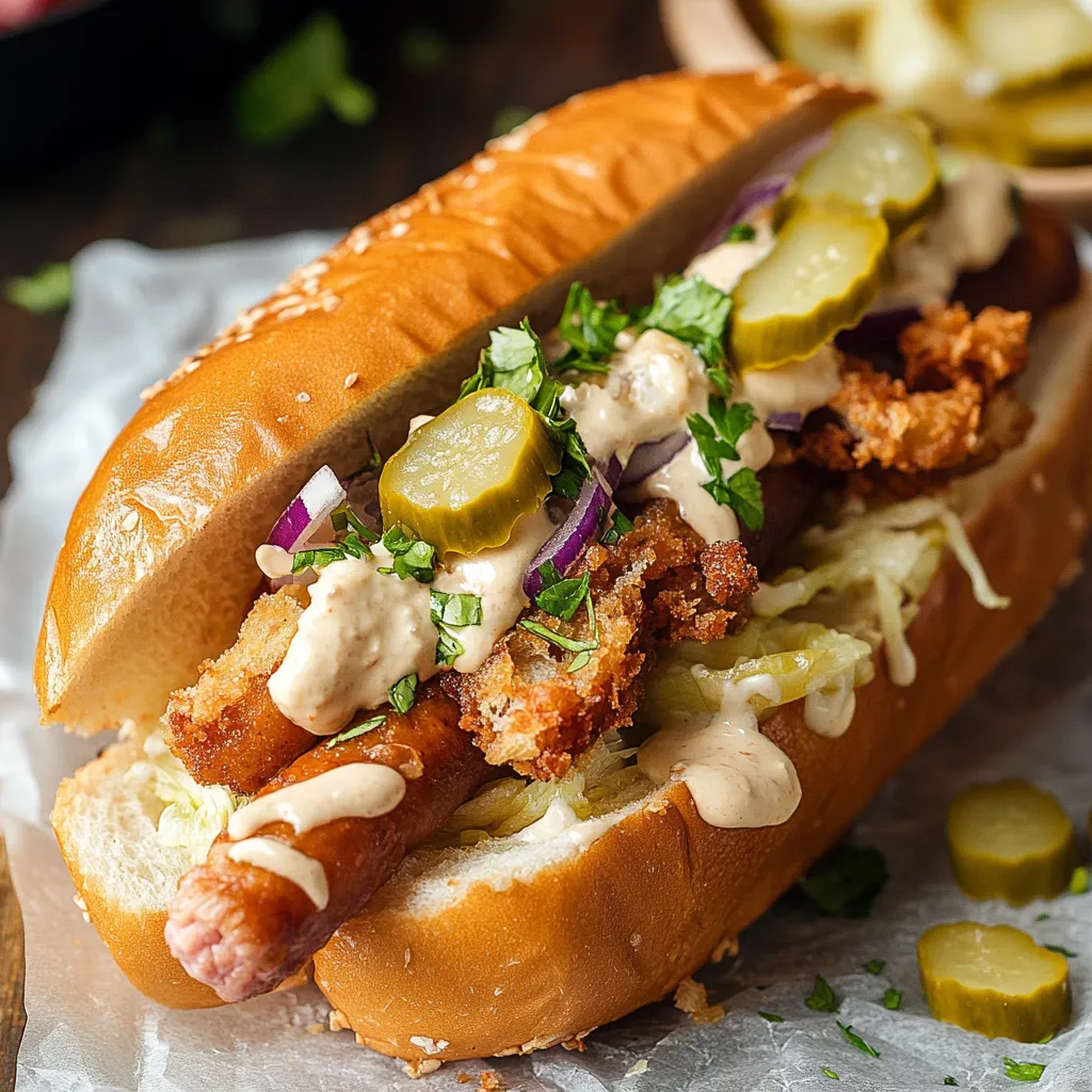 A hot dog with pickles and sauce.