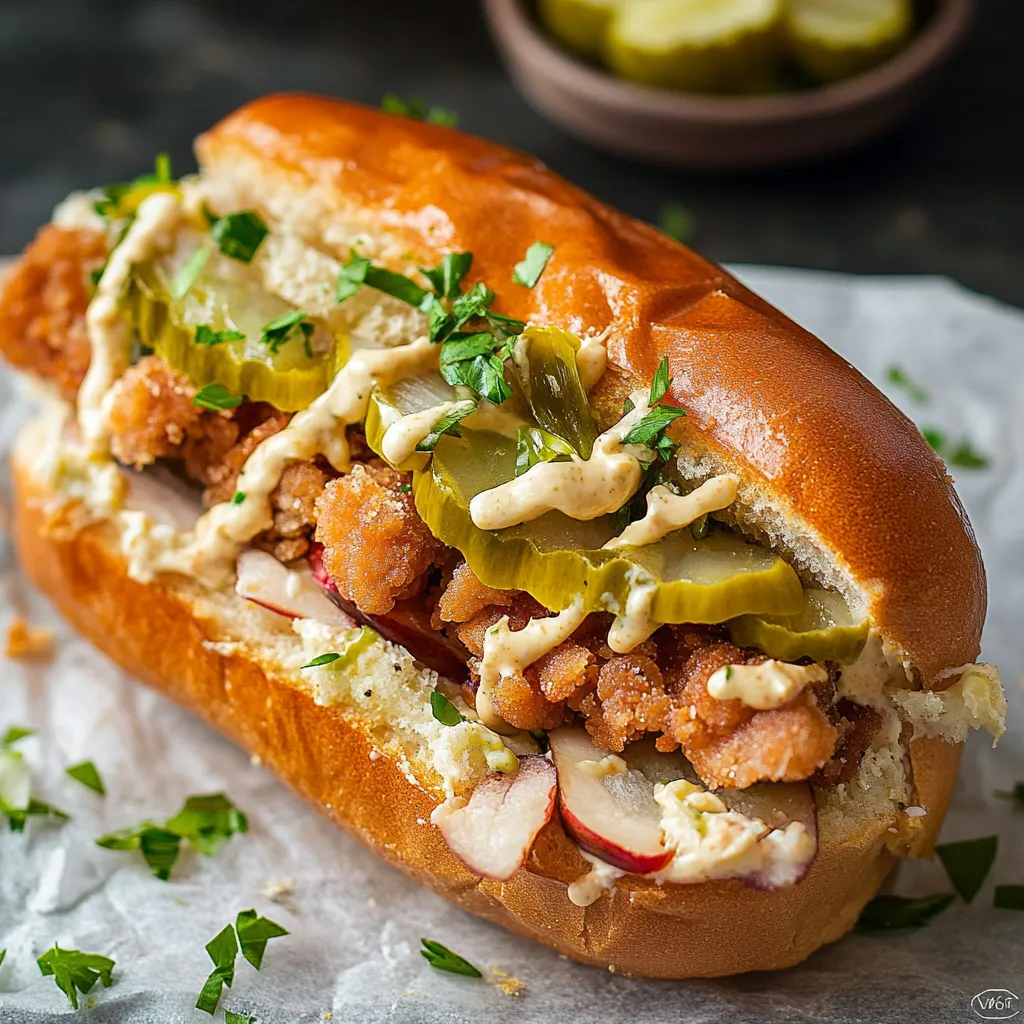 A sandwich with chicken and pickles.