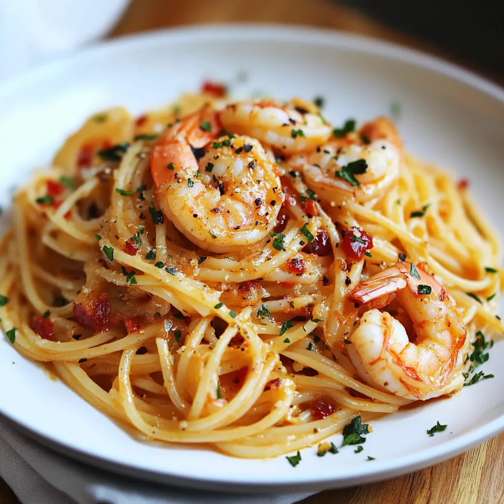 A plate of shrimp and pasta.