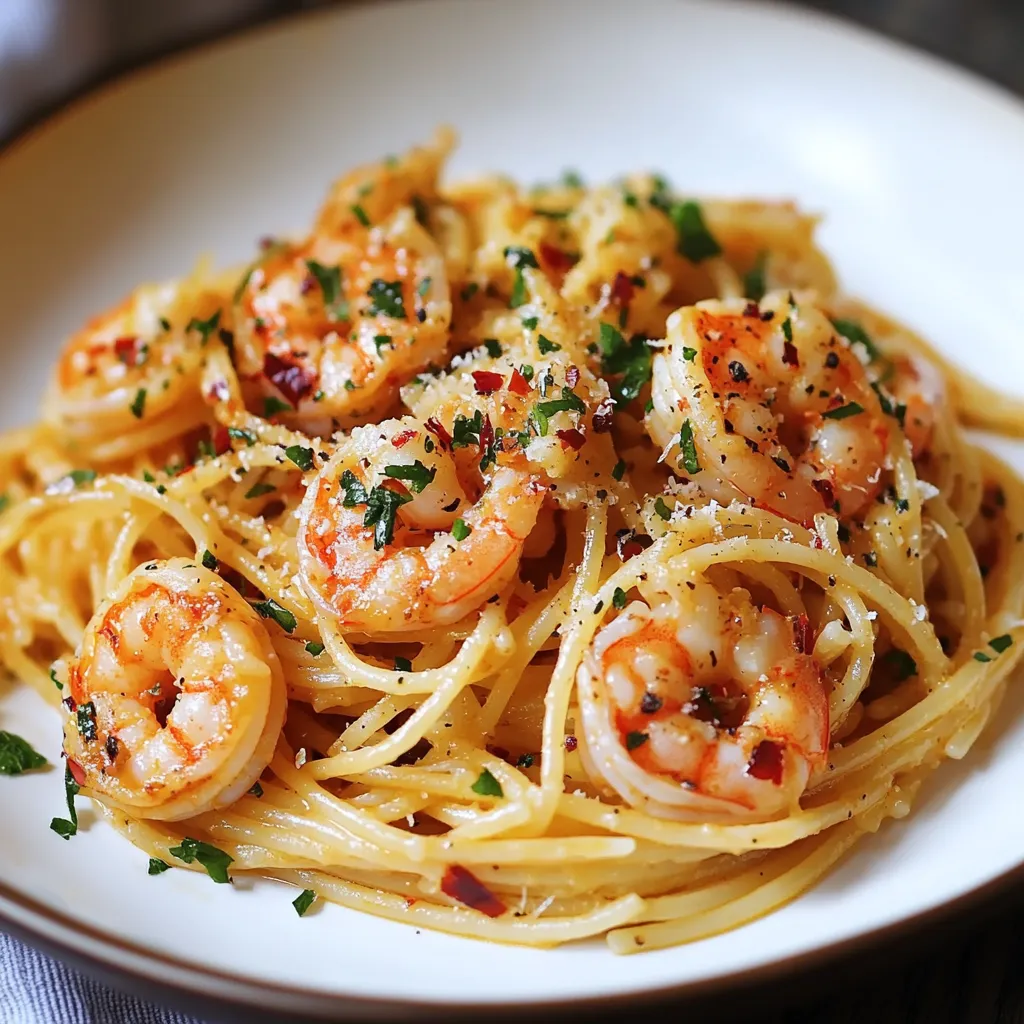 A plate of shrimp and pasta.