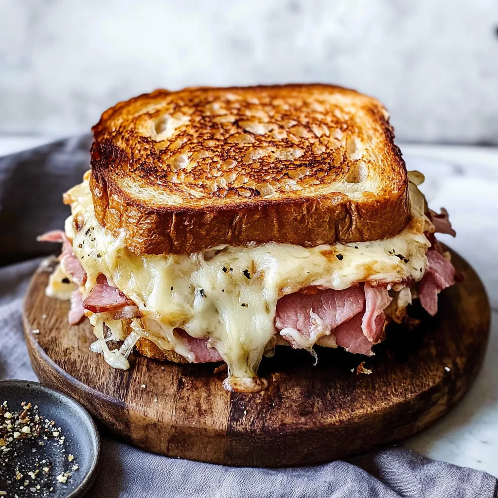A toasted sandwich with meat and cheese.