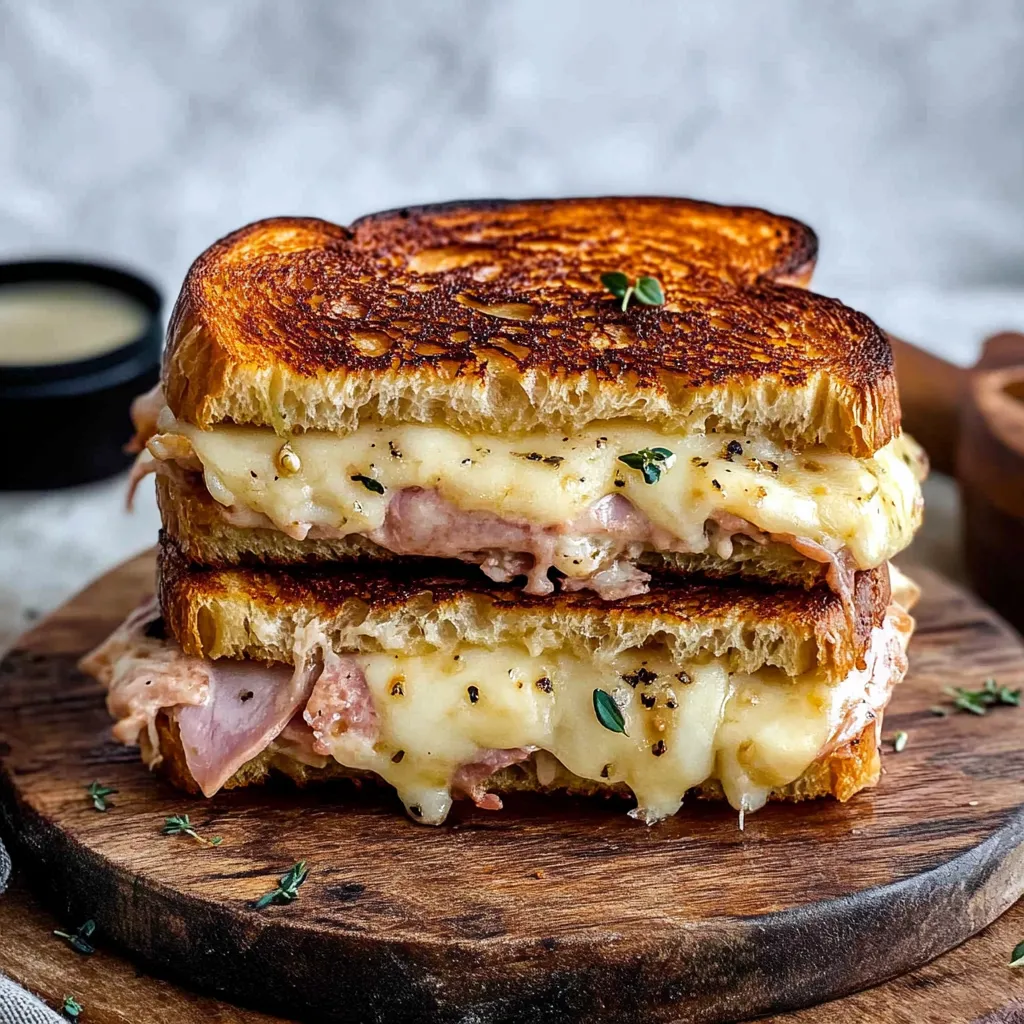 A sandwich with cheese and meat on a wooden cutting board.