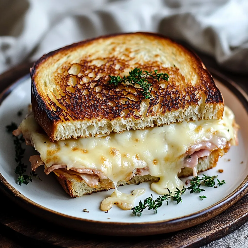 A sandwich with cheese and herbs on a plate.