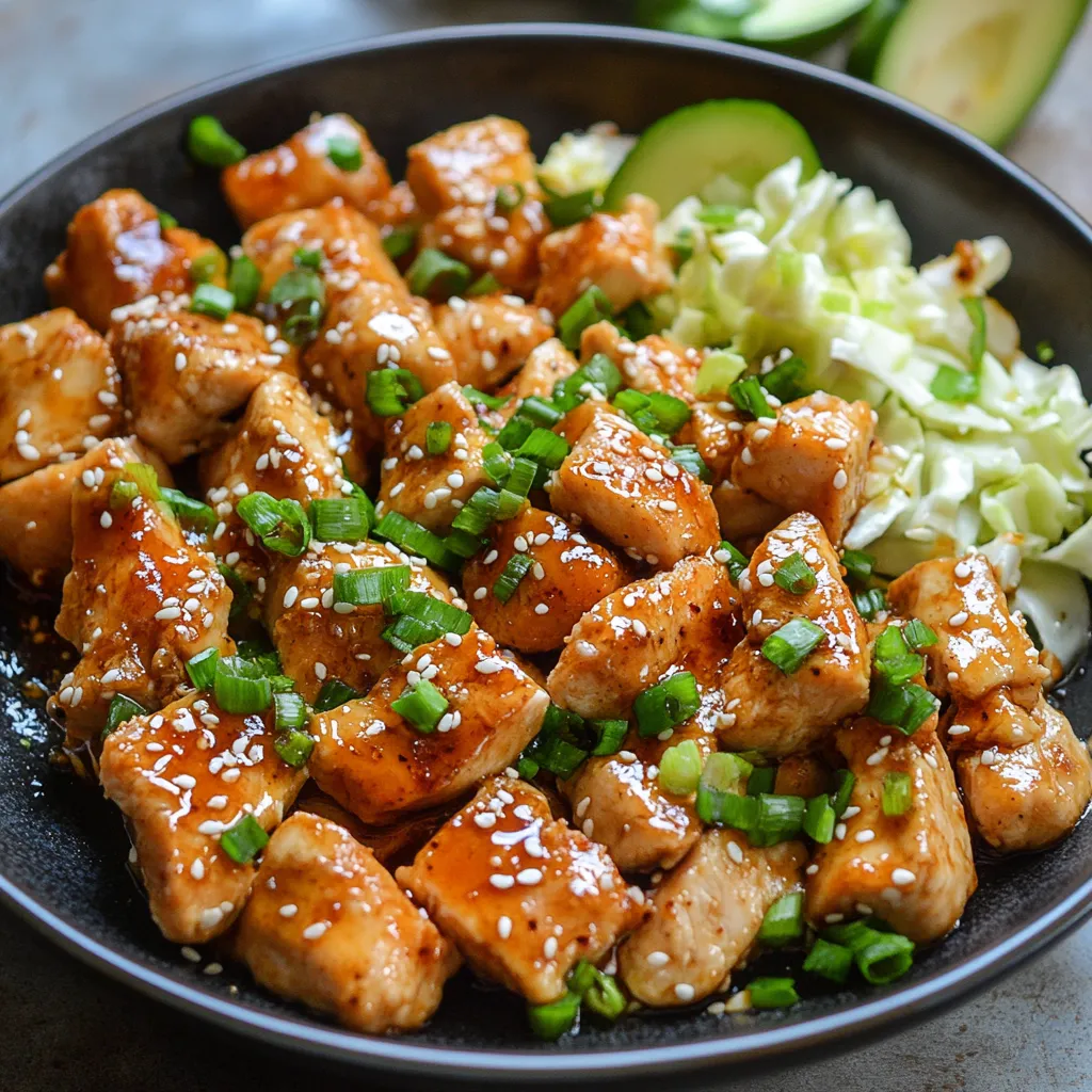A bowl of chicken with vegetables.