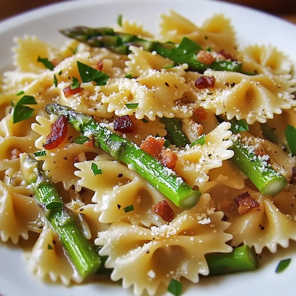 A plate of pasta with bacon and asparagus.