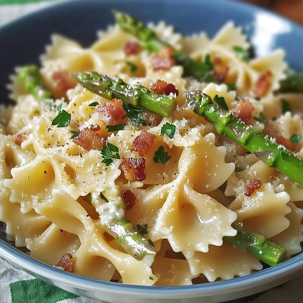 A bowl of pasta with bacon and asparagus.