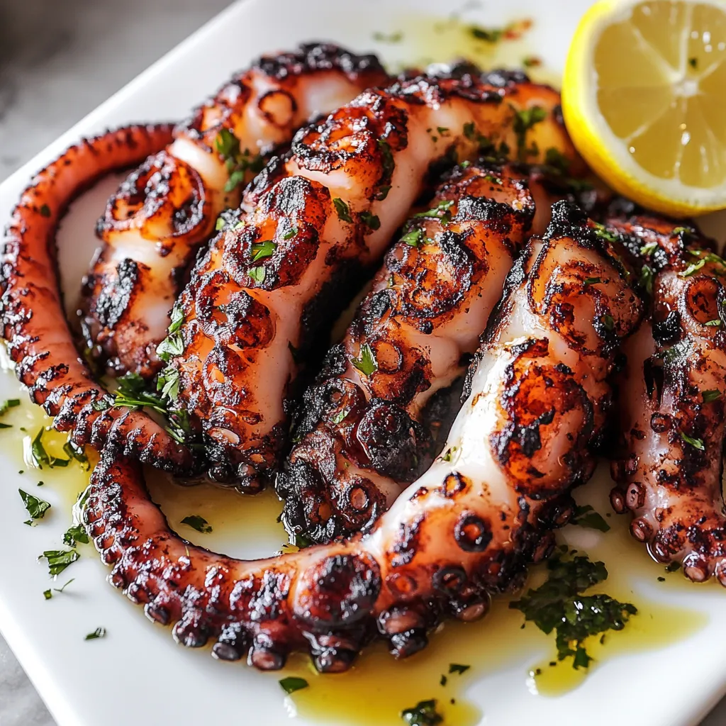 A plate of cooked octopus with lemon wedges.
