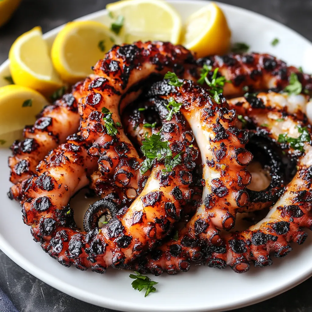 A plate of grilled octopus with lemon wedges on the side.