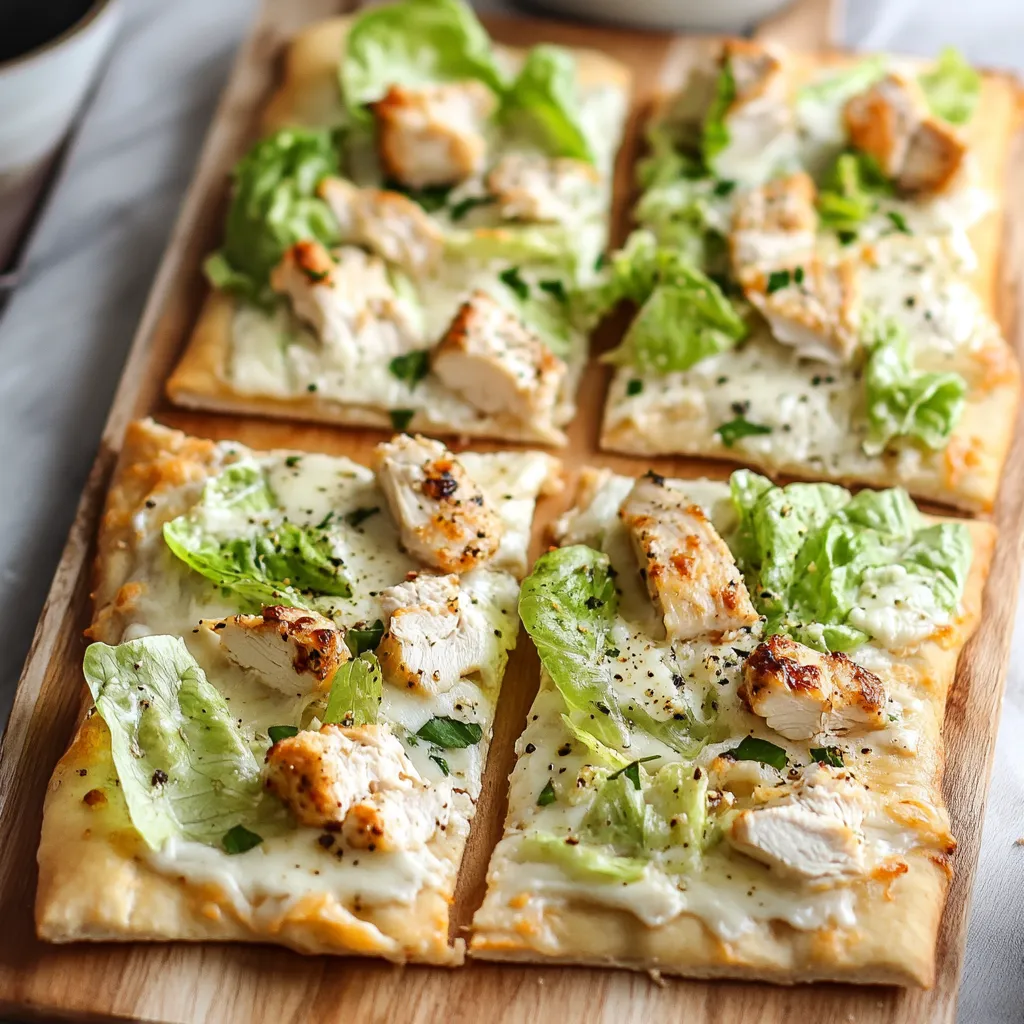 A pizza with chicken and lettuce on a wooden cutting board.