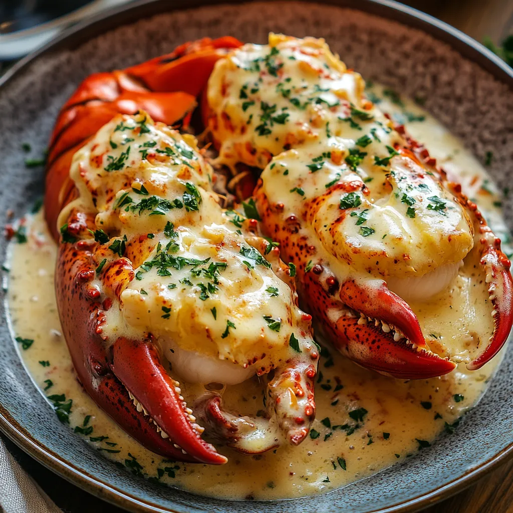 A plate of lobster with cheese on top.