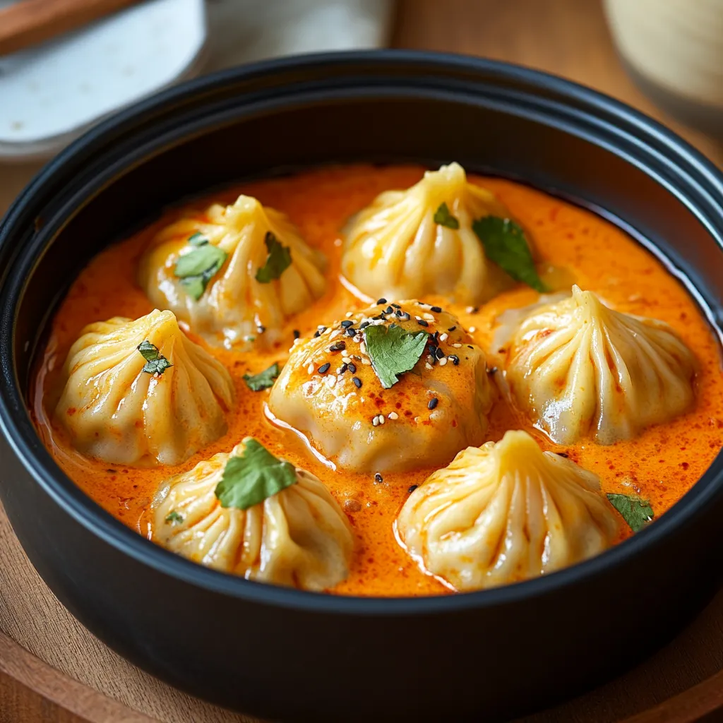 A bowl of soup with dumplings in it.