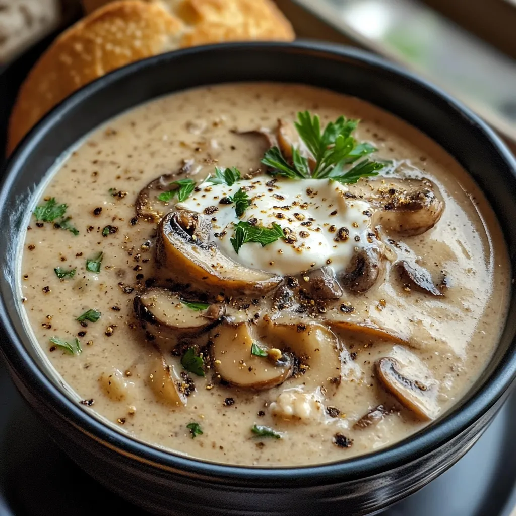 A bowl of soup with mushrooms and a fried egg on top.