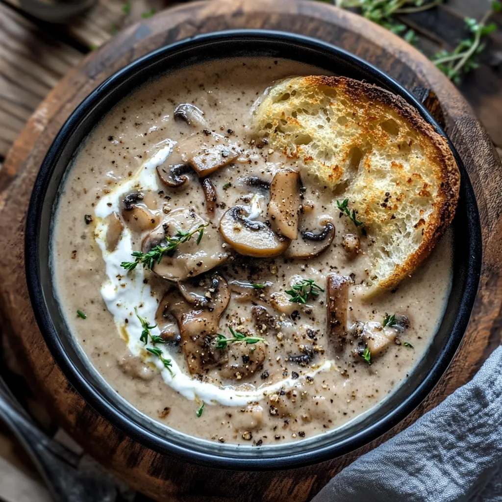 A bowl of soup with mushrooms and bread.