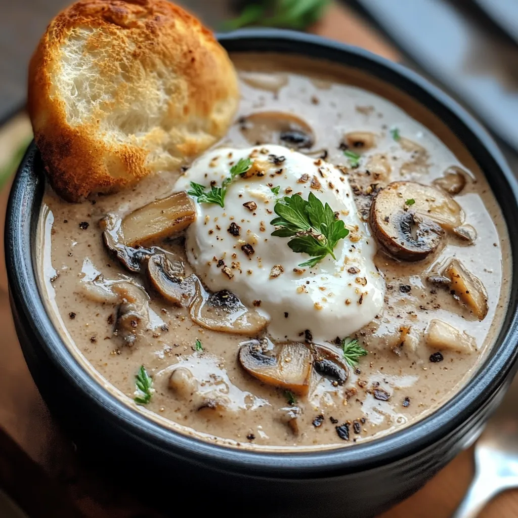 A bowl of soup with a mushroom on top.