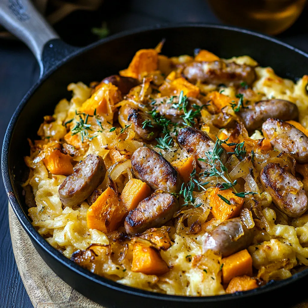 A pan of food with sausage and vegetables.