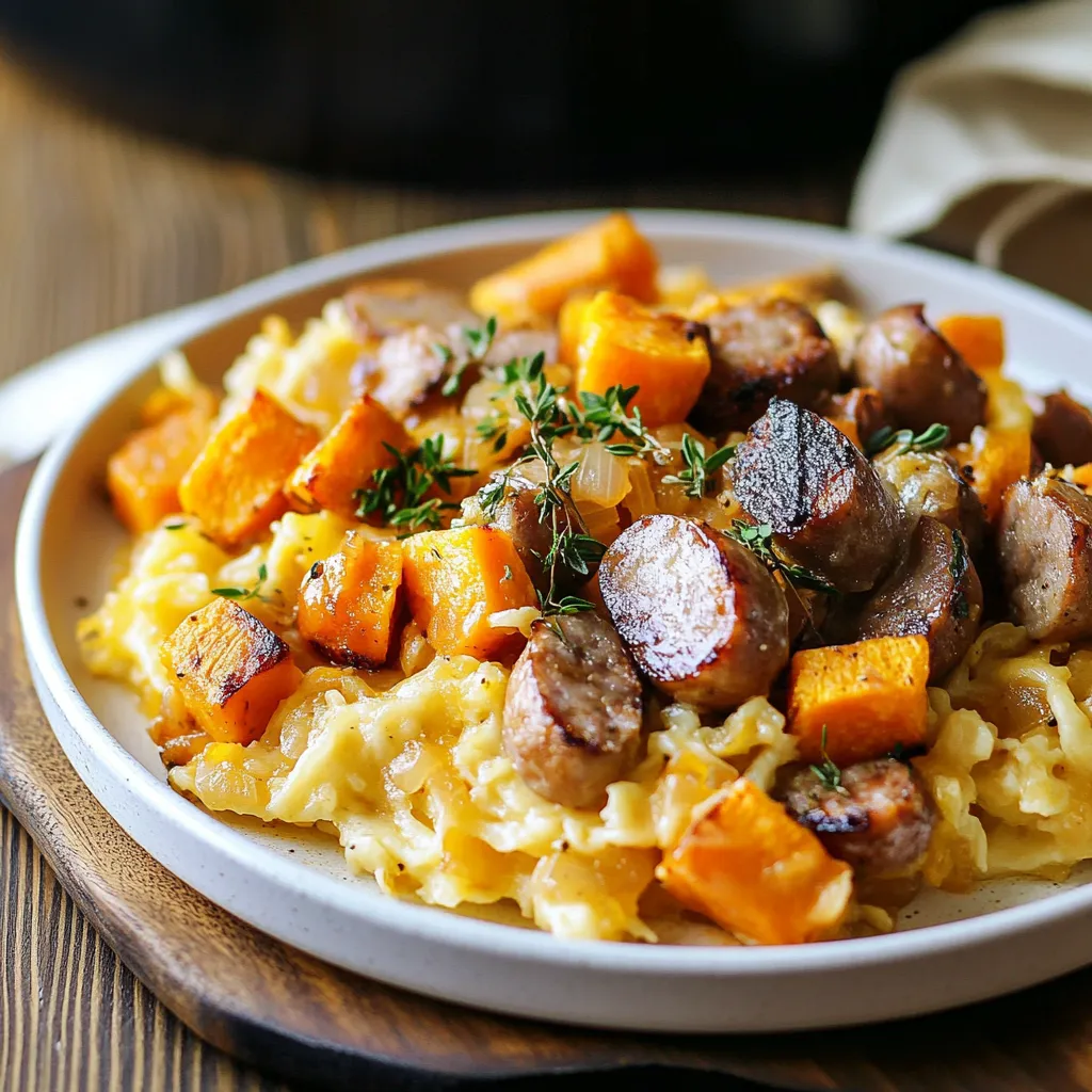 A plate of food with sausage, carrots, and onions.