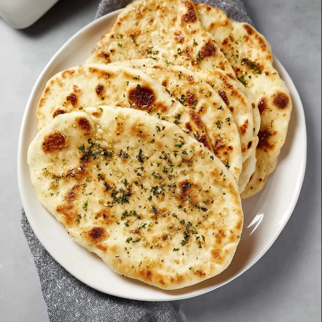 A plate of pita bread with green toppings.