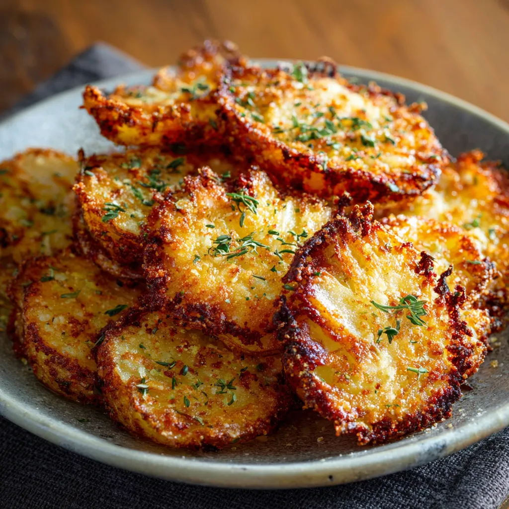 A plate of fried potatoes with herbs on top.