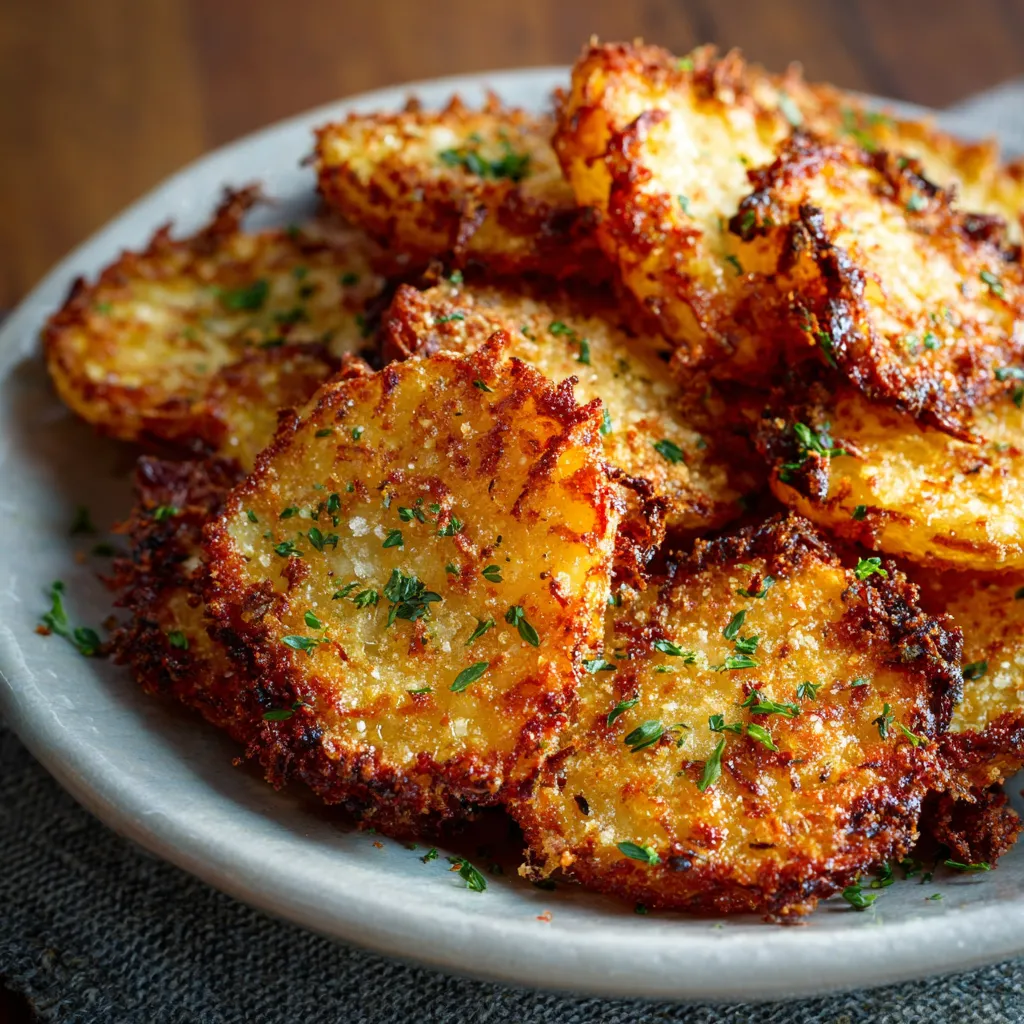 A plate of fried potatoes with herbs on top.