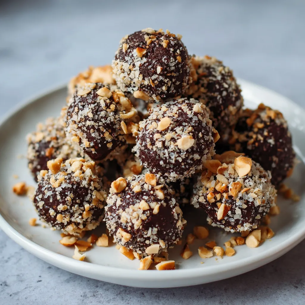 A plate of chocolate covered balls with nuts.