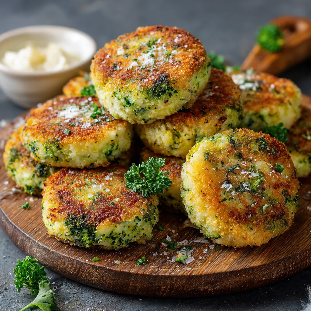 A stack of pancakes with cheese and broccoli on top.