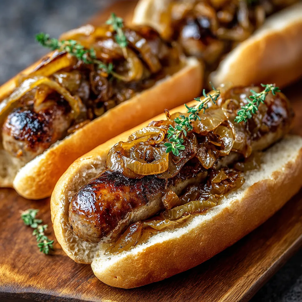 Two hot dogs with onions and parsley on a wooden board.