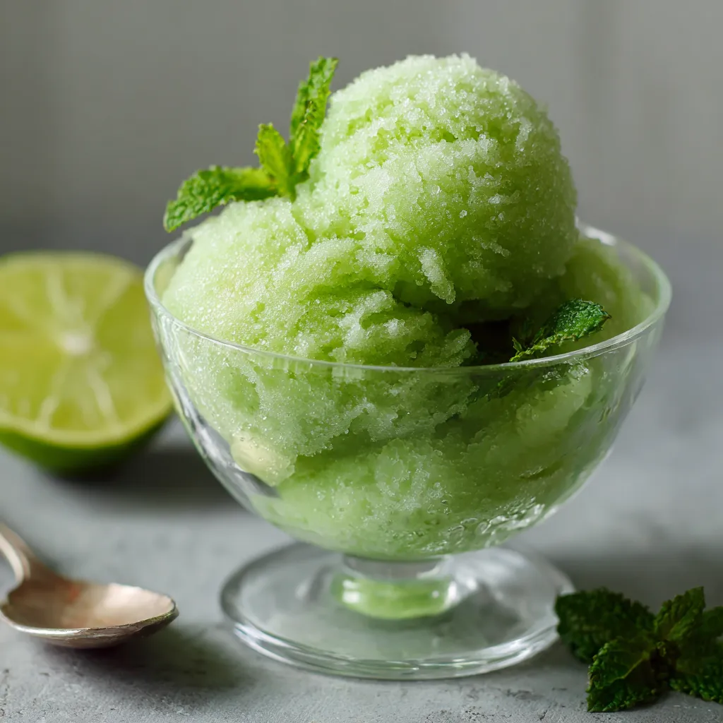 A bowl of green frozen dessert with a mint garnish.