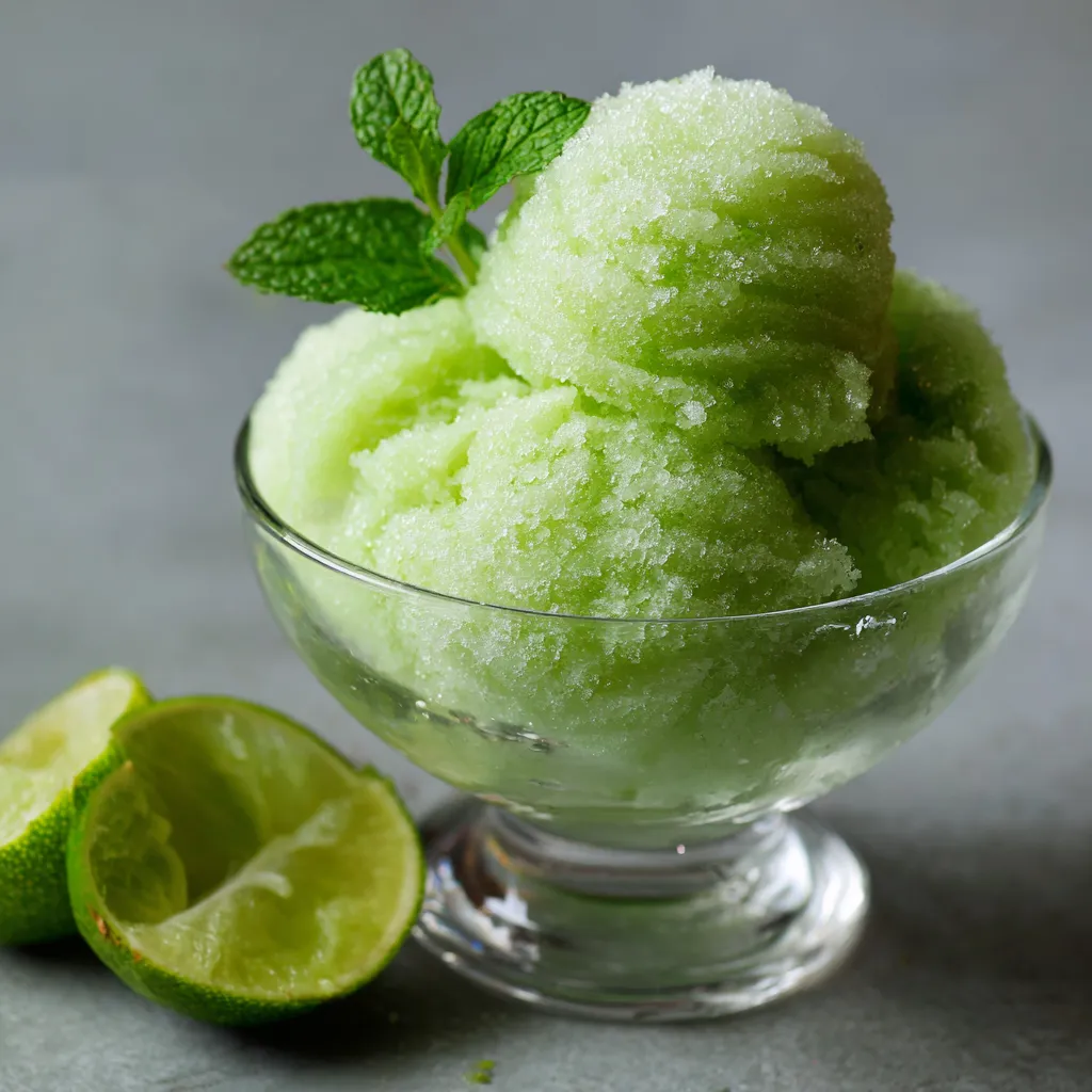 A glass bowl of green frozen dessert.