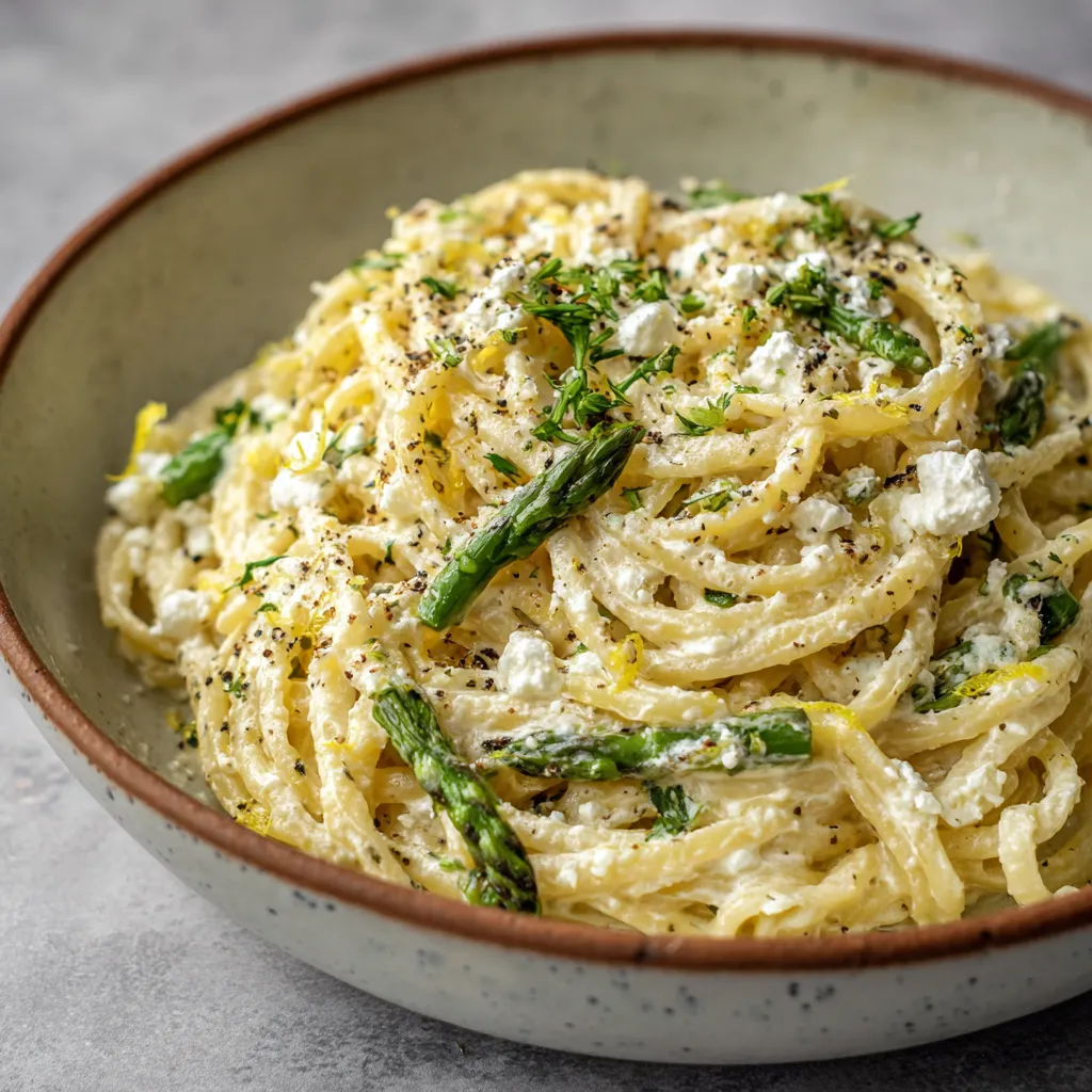 A bowl of pasta with green vegetables.