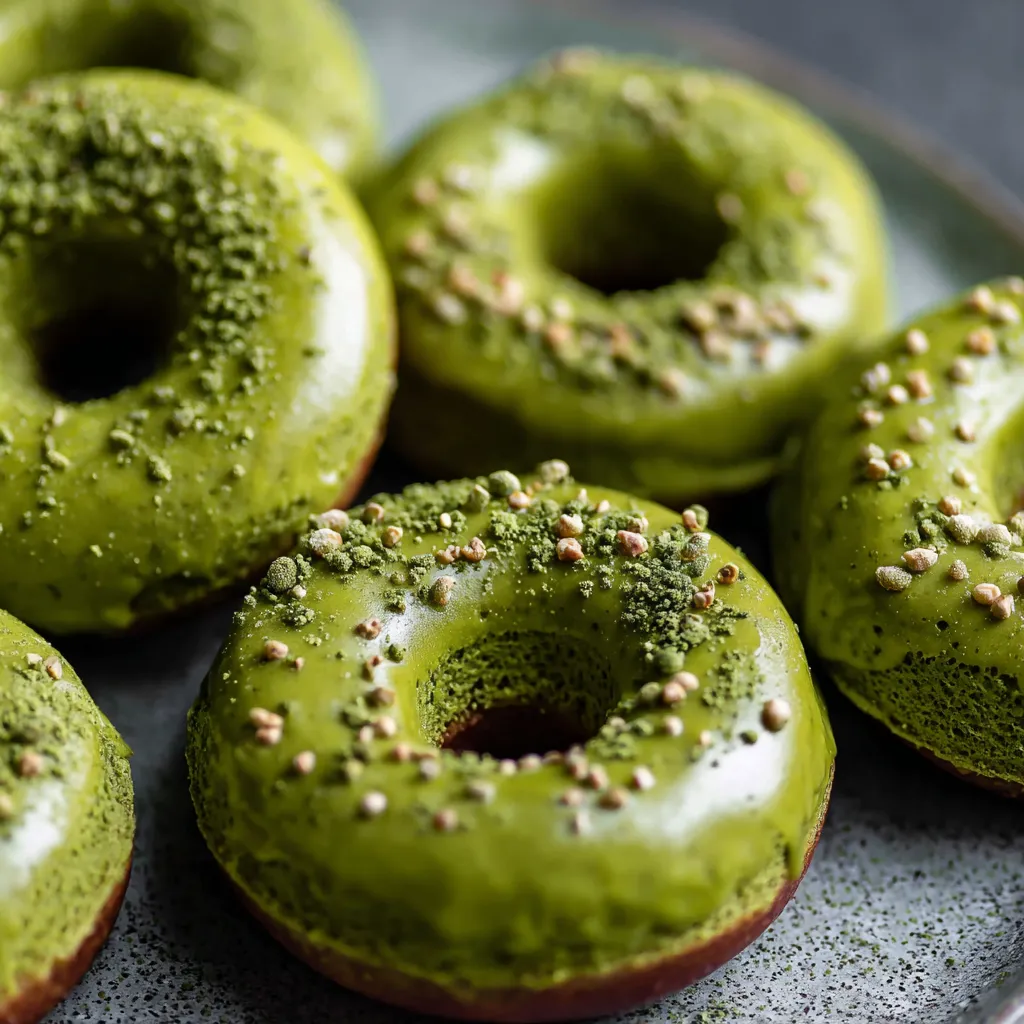 Green donuts with seeds on a plate.