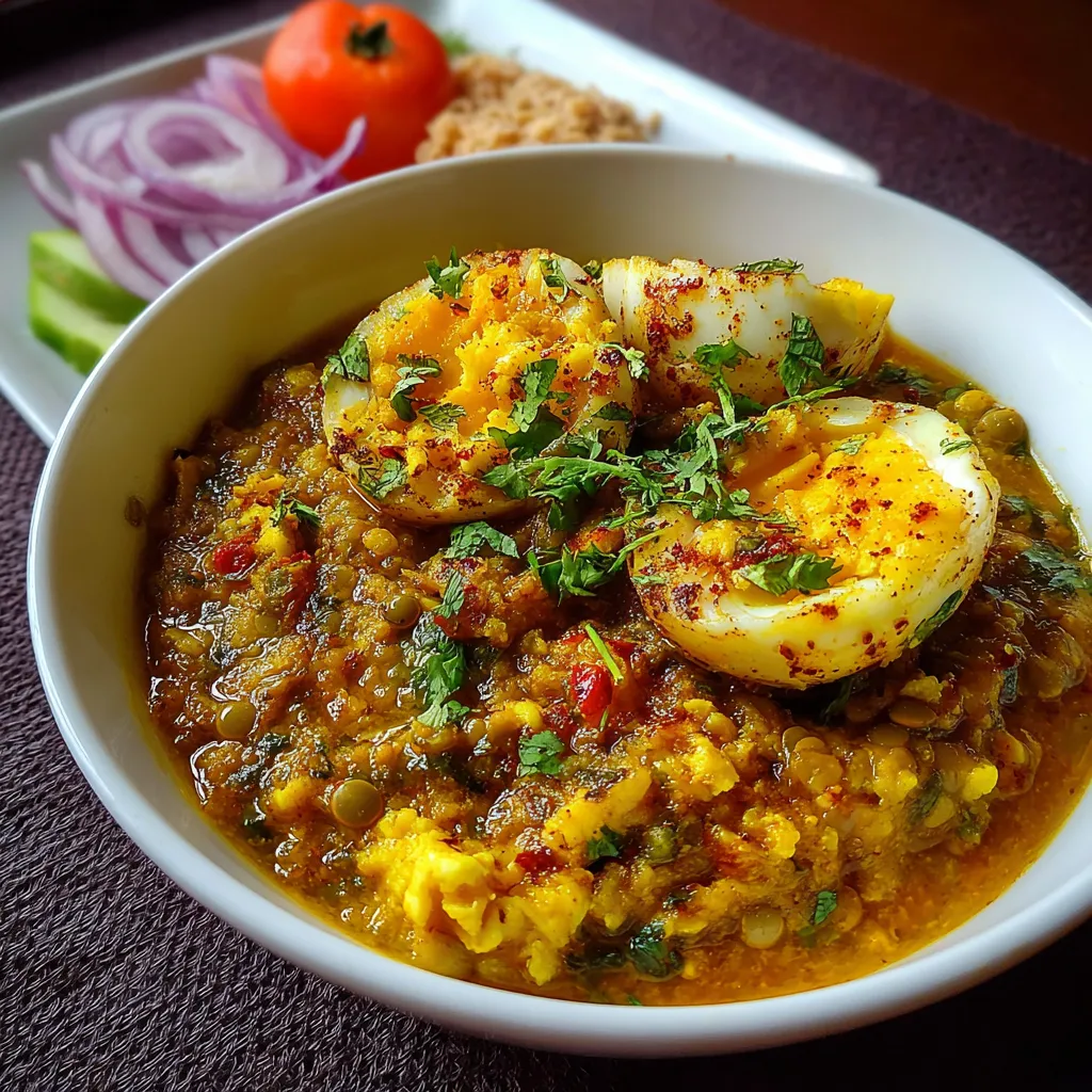 A bowl of food with eggs and vegetables.