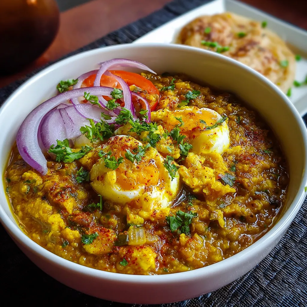 A bowl of food with eggs and onions.