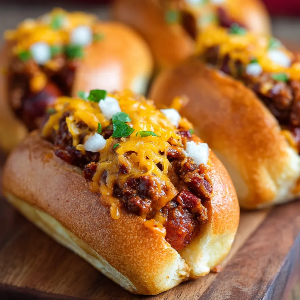 A plate of chili cheese dogs.
