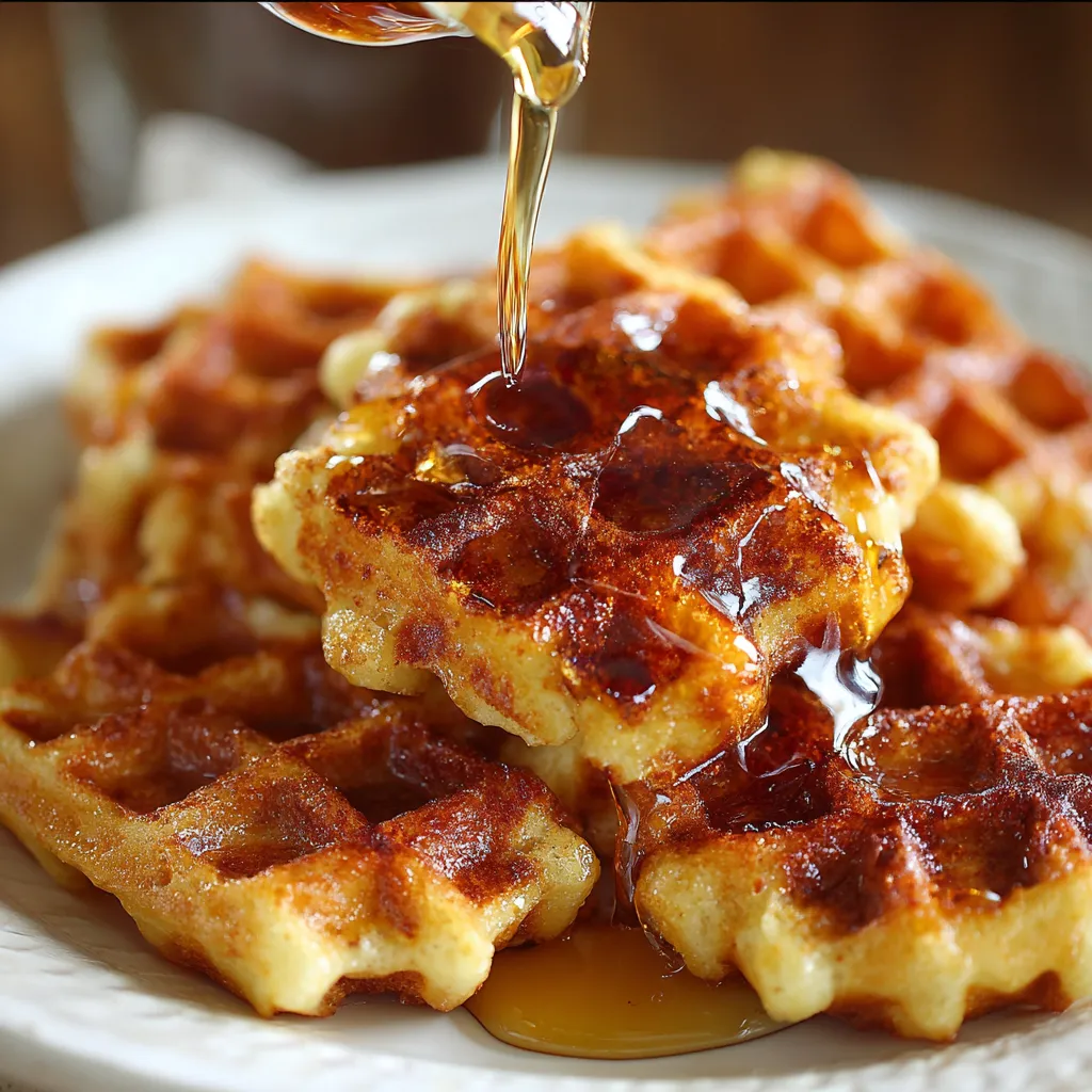 A plate of waffles with syrup drizzled on top.