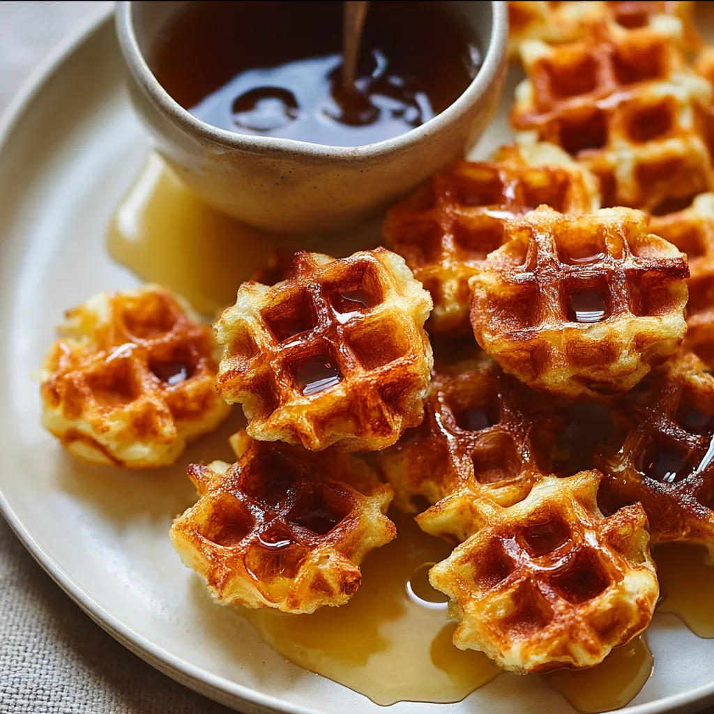 A plate of waffles with syrup.