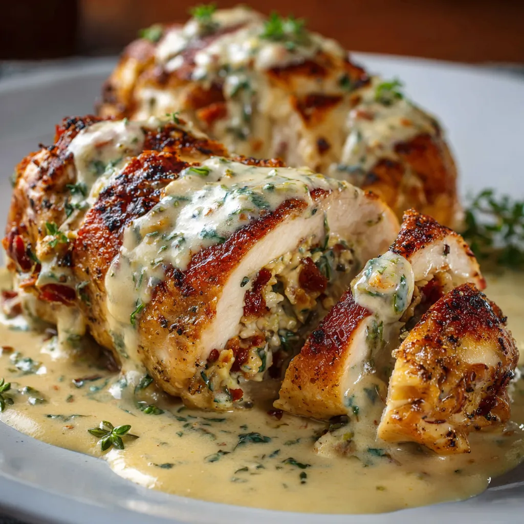 A plate of chicken with sauce.