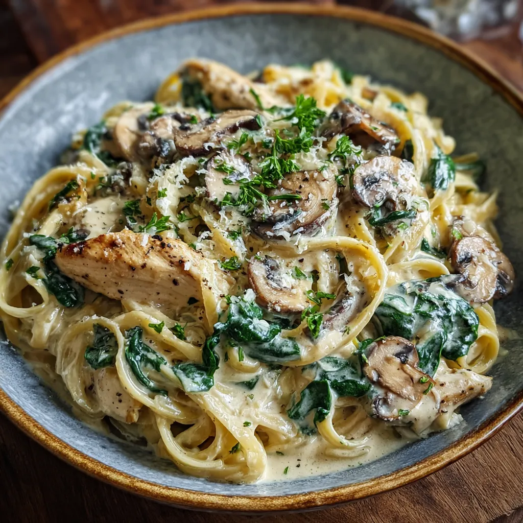 A bowl of pasta with mushrooms and chicken.