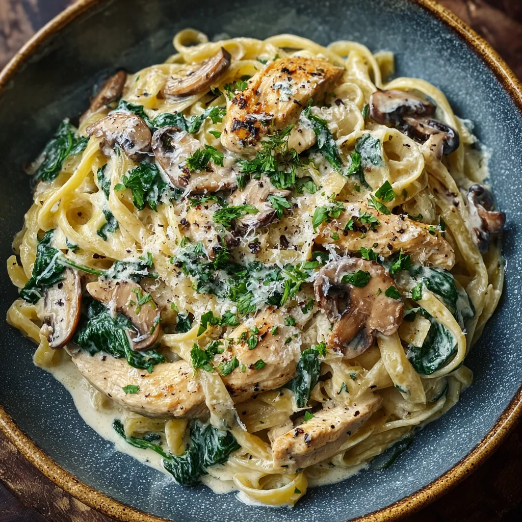 A bowl of pasta with chicken and mushrooms.
