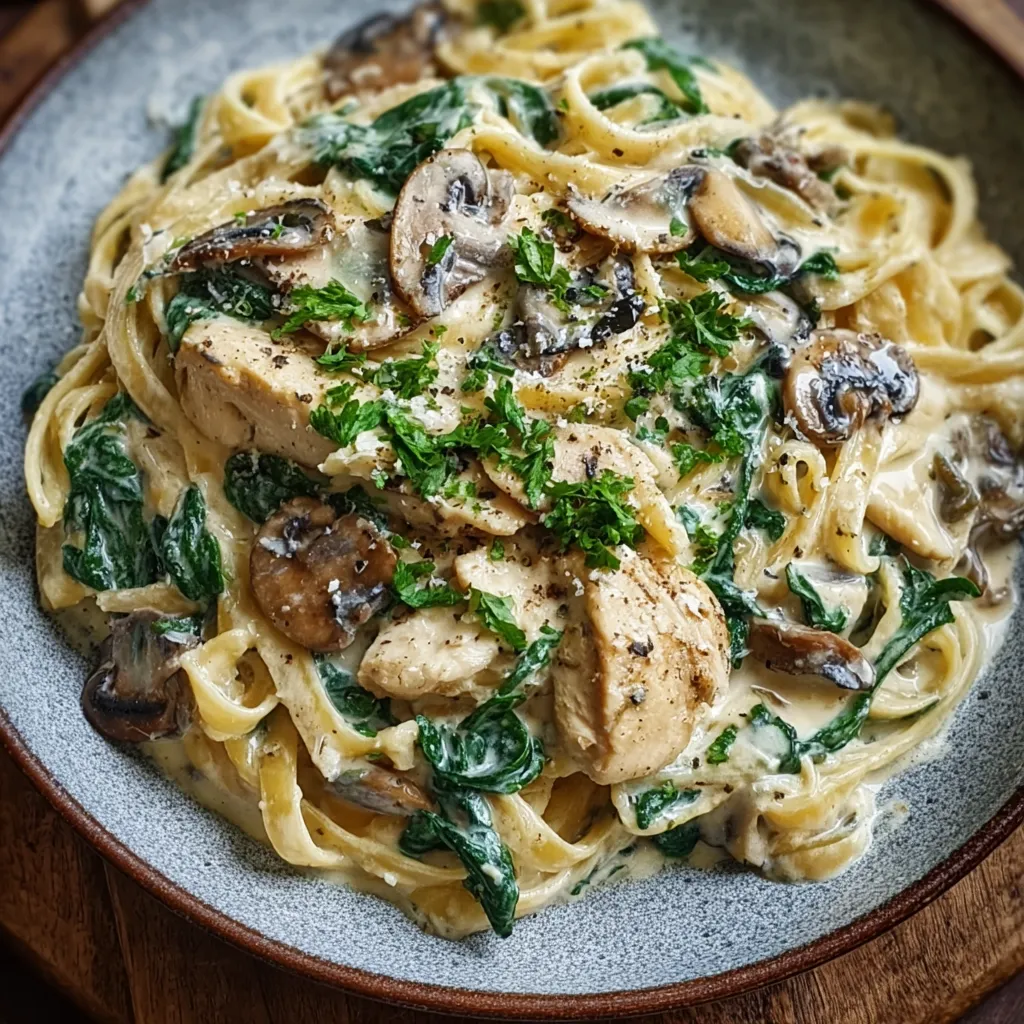 A plate of pasta with mushrooms and chicken.