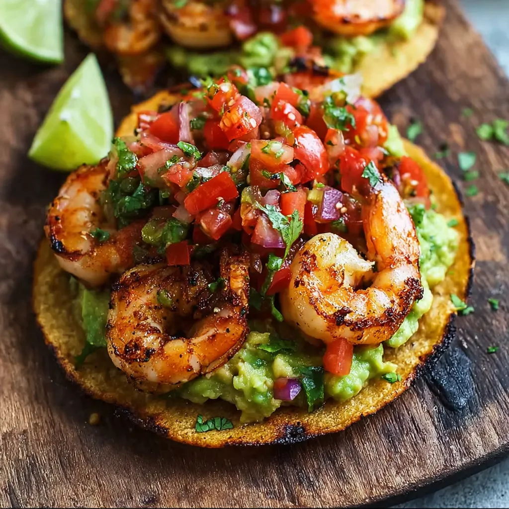 A plate of food with shrimp and tomatoes.