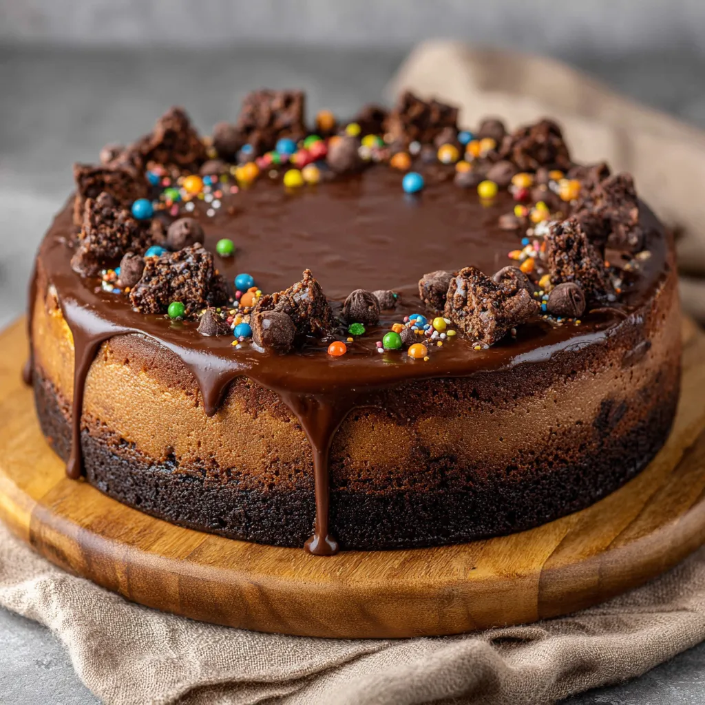 A chocolate cake with chocolate frosting and chocolate chips.